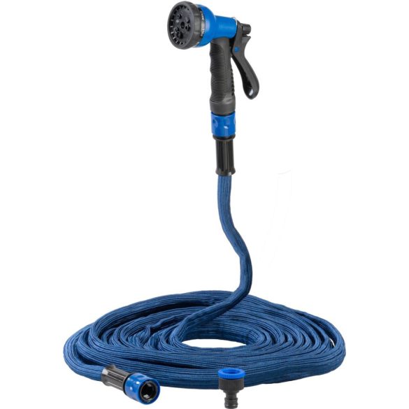 Kerti locsolótömlő, Strend Pro Garden,Flexi, kék, 1/2" - 3/4", 7,3–15 m, 20 bar, flexibilis, nyújtható, szórópisztollyal, latex belső cső, textilborítás, önnyúló-összehúzódó technológia