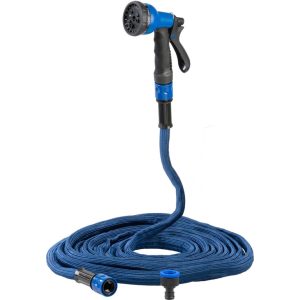 Kerti locsolótömlő, Strend Pro Garden,Flexi, kék, 1/2" - 3/4", 11–22,5 m, 20 bar, flexibilis, nyújtható, szórópisztollyal, latex belső cső, textilborítás, önnyúló-összehúzódó technológia