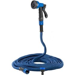   Kerti locsolótömlő, Strend Pro Garden,Flexi, kék, 1/2" - 3/4", 14,6–30 m, 20 bar, flexibilis, nyújtható, szórópisztollyal, latex belső cső, textilborítás, önnyúló-összehúzódó technológia
