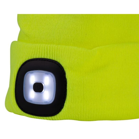 Sapka fejlámpával, Strend Pro Albacore, L méret, sárga, 4x SMD LED, 60 lm, USB-töltés, akkumulátoros, 3 fokozatú fényerő, mosható