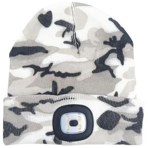 Sapka fejlámpával, Strend Pro Albacore, L méret, szürke terepmintás, 4x SMD LED, 60 lm, USB-töltés, akkumulátoros, 3 fokozatú fényerő, mosható