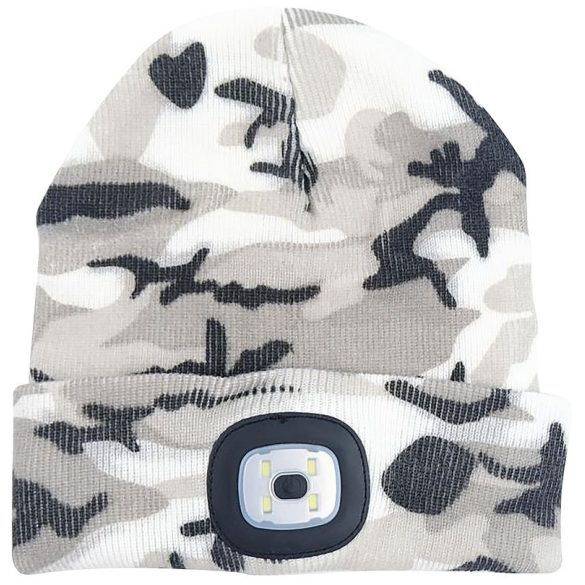 Sapka fejlámpával, Strend Pro Albacore, L méret, szürke terepmintás, 4x SMD LED, 60 lm, USB-töltés, akkumulátoros, 3 fokozatú fényerő, mosható