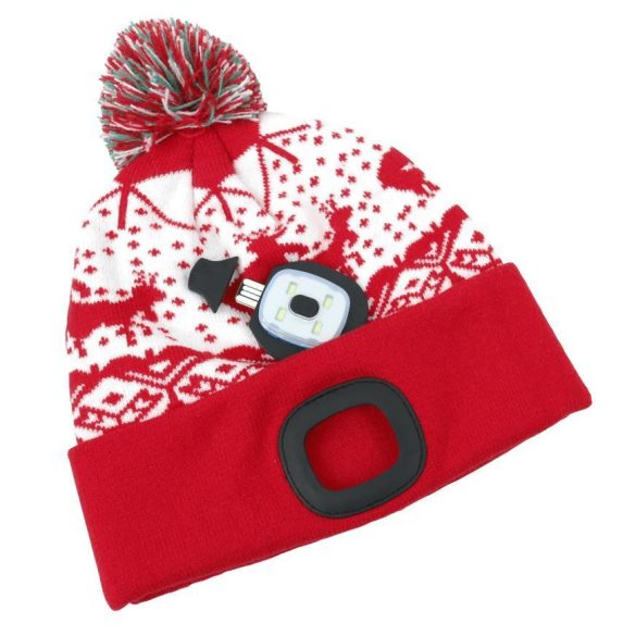 Sapka fejlámpával, Strend Pro, karácsonyi, L méret, piros, 4x SMD LED, 60 lm, USB töltés, akkumulátoros, 3 fokozatú fényerő, bojtos, mosható