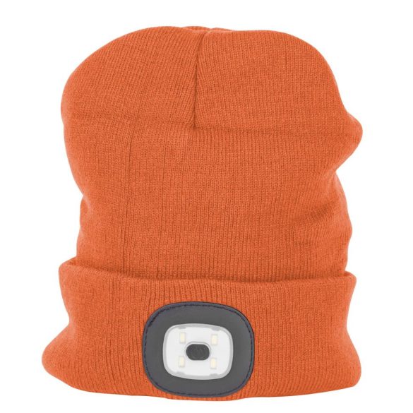 Sapka fejlámpával, Strend Pro Albacore, L méret, narancssárga, 4x SMD LED, 60 lm, USB-töltés, akkumulátoros, 3 fokozatú fényerő, mosható