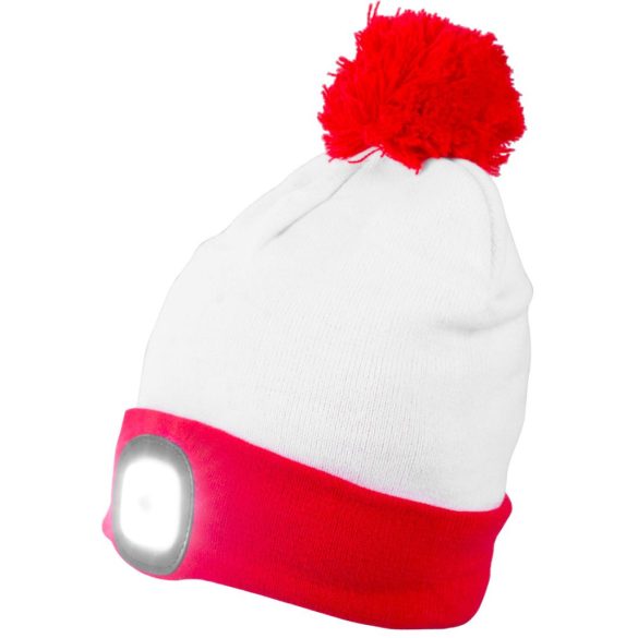Sapka fejlámpával, Strend Pro, karácsonyi, L méret, fehér/piros, 4x SMD LED, 60 lm, USB töltés, akkumulátoros, 3 fokozatú fényerő, bojtos, mosható