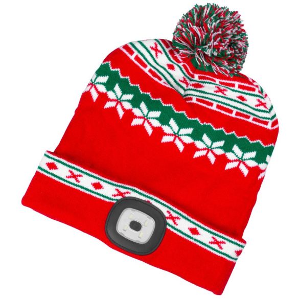 Sapka fejlámpával, Strend Pro, karácsonyi, L méret, piros/zöld, 4x SMD LED, 60 lm, USB töltés, akkumulátoros, 3 fokozatú fényerő, bojtos, mosható