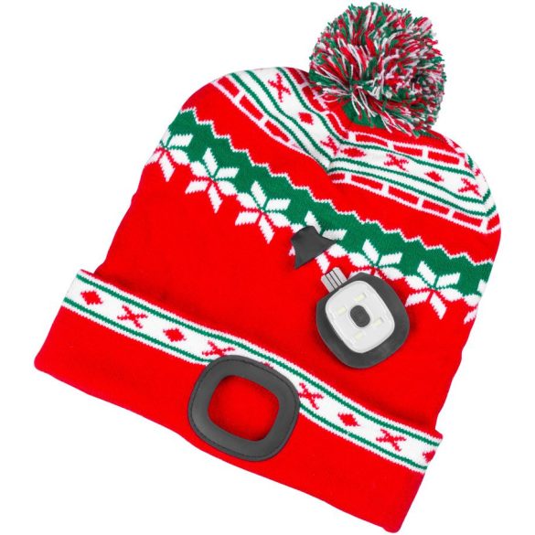 Sapka fejlámpával, Strend Pro, karácsonyi, L méret, piros/zöld, 4x SMD LED, 60 lm, USB töltés, akkumulátoros, 3 fokozatú fényerő, bojtos, mosható