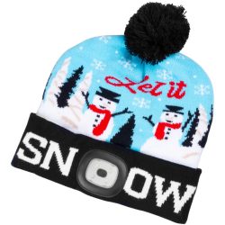   Sapka fejlámpával, Strend Pro, karácsonyi, L méret, kék, 4x SMD LED, 60 lm, USB töltés, akkumulátoros, 3 fokozatú fényerő, bojtos, mosható