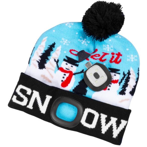 Sapka fejlámpával, Strend Pro, karácsonyi, L méret, kék, 4x SMD LED, 60 lm, USB töltés, akkumulátoros, 3 fokozatú fényerő, bojtos, mosható