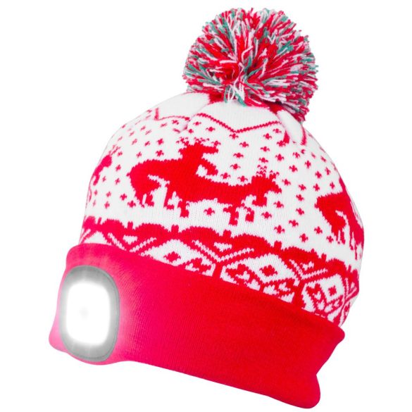 Sapka fejlámpával, Strend Pro Albacore, M méret, gyerek, karácsonyi, piros, 4x SMD LED, 60 lm, USB-töltés, akkumulátoros, 3 fokozatú fényerő, mosható