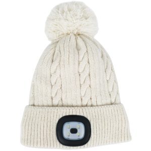 Sapka fejlámpával, Strend Pro Damon, L méret, fehér, 4x SMD LED, 60 lm, USB-töltés, akkumulátoros, 3 fokozatú fényerő, bojtos, mosható