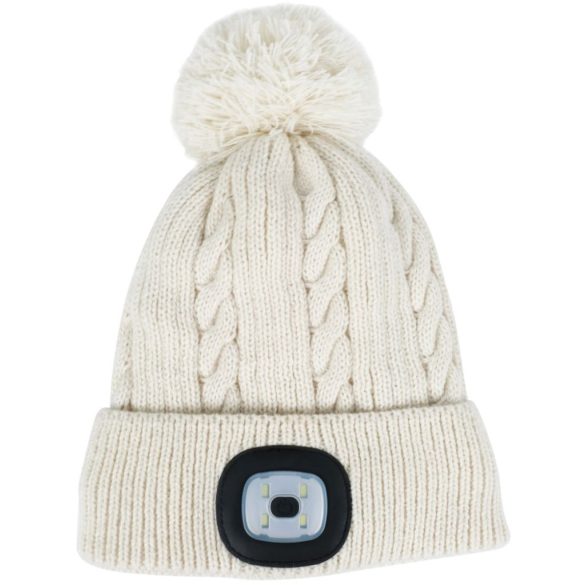 Sapka fejlámpával, Strend Pro Damon, L méret, fehér, 4x SMD LED, 60 lm, USB-töltés, akkumulátoros, 3 fokozatú fényerő, bojtos, mosható