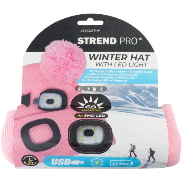 Sapka fejlámpával, Strend Pro, M méret, gyerek, rózsaszín, 4x SMD LED, USB töltés, akkumulátoros, 3 fokozatú fényerő, 2 bojtos, mosható