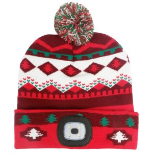 Sapka fejlámpával, Strend Pro, karácsonyi, L méret, piros/barna, 4x SMD LED, USB töltés, akkumulátoros, 3 fokozatú fényerő, bojtos, mosható