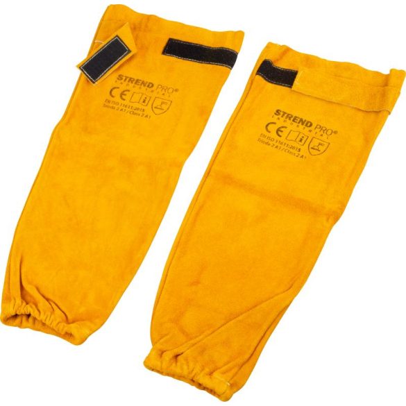 Hegesztő karvédő, Strend Pro Industrial, sárga, 50 cm, 96% marhabőr, tépőzáras, 2. védelmi osztály, 1 pár