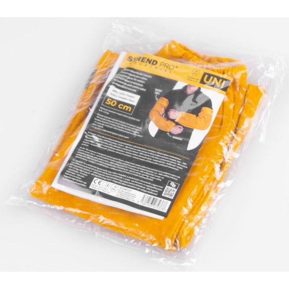 Hegesztő karvédő, Strend Pro Industrial, sárga, 50 cm, 96% marhabőr, tépőzáras, 2. védelmi osztály, 1 pár