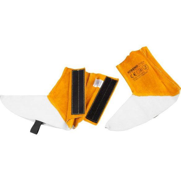 Hegesztő lábszárvédő, Strend Pro Industrial, sárga/fehér, 15 cm, 93% marhabőr, tépőzáras, 2. védelmi osztály, 1 pár