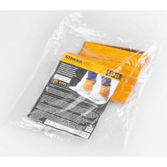 Hegesztő lábszárvédő, Strend Pro Industrial, sárga/fehér, 15 cm, 93% marhabőr, tépőzáras, 2. védelmi osztály, 1 pár