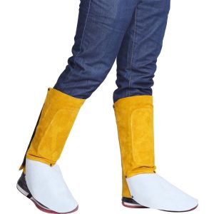 Hegesztő lábszárvédő, Strend Pro Industrial, sárga/fehér, 30 cm, 93% marhabőr, tépőzáras, 2. védelmi osztály, 1 pár