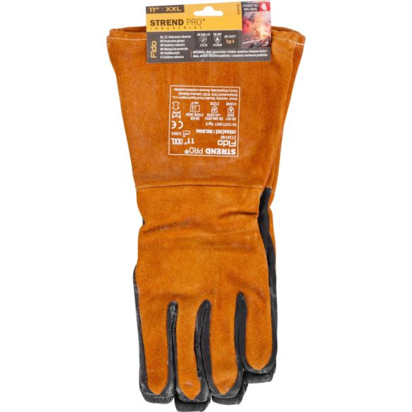 Hegesztőkesztyű, Strend Pro Industrial Fido, narancssárga/fekete, méret: 11/XXL, kecskebőr, pamut és gyapjú bélés, EN 388 és EN 407, 4 pár