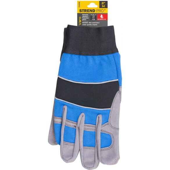 Védőkesztyű, Strend Pro Varo, szürke/kék, méret: 8/M, szintetikus bőr, megerősített tenyér, EN 388+A1, 2122X, 1 pár