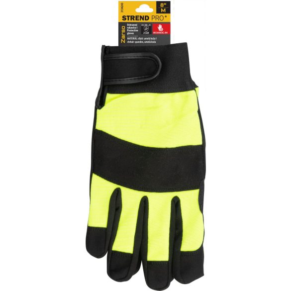 Védőkesztyű, Strend Pro Zarso, fekete/sárga, méret: 8/M, szintetikus bőr és spandex, megerősített tenyér, EN 388 2122X, 1 pár
