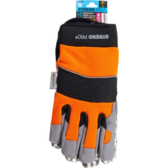 Téli védőkesztyű, Strend Pro Golus Winter, narancssárga/fekete, méret: 9/L, bélelt Thinsulate szigetelés, vízálló, csúszásmentes műbőr tenyér, EN 388 és EN 511, 1 pár