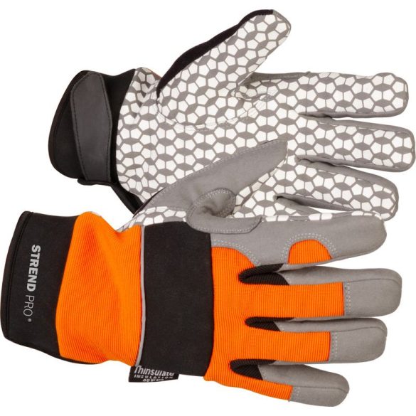 Téli védőkesztyű, Strend Pro Golus Winter, narancssárga/fekete, méret: 11/XXL, bélelt Thinsulate szigetelés, vízálló, csúszásmentes műbőr tenyér, EN 388 és EN 511, 1 pár