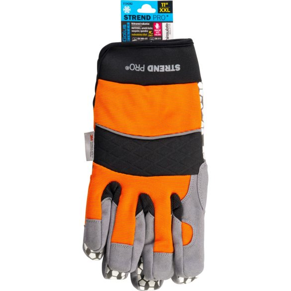 Téli védőkesztyű, Strend Pro Golus Winter, narancssárga/fekete, méret: 11/XXL, bélelt Thinsulate szigetelés, vízálló, csúszásmentes műbőr tenyér, EN 388 és EN 511, 1 pár