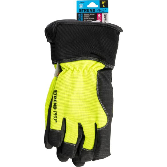 Téli védőkesztyű, Strend Pro Gratus Winter, fekete/sárga, méret: 09/L, bélelt 3M Thinsulate szigetelés, vízálló, megerősített tenyér, EN 388 és EN 511, 1 pár