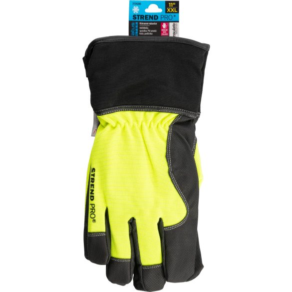 Téli védőkesztyű, Strend Pro Gratus Winter, fekete/sárga, méret: 11/XXL, bélelt 3M Thinsulate szigetelés, vízálló, megerősített tenyér, EN 388 és EN 511, 1 pár