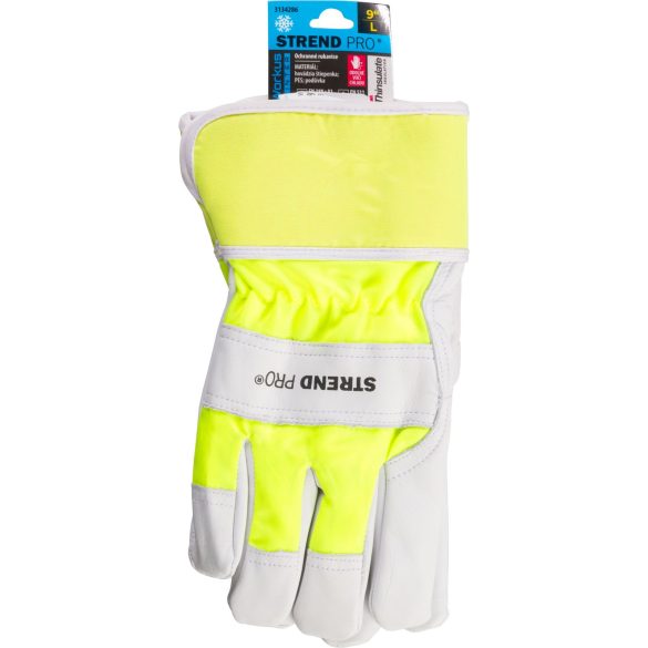 Téli védőkesztyű, Strend Pro Workus Winter, fehér/sárga, méret: 09/L, bélelt 3M Thinsulate szigetelés, bőr tenyér, EN 388 és EN 511, 1 pár