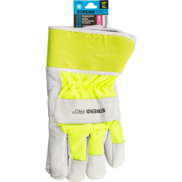 Téli védőkesztyű, Strend Pro Workus Winter, fehér/sárga, méret: 10/XL, bélelt 3M Thinsulate szigetelés, bőr tenyér, EN 388 és EN 511, 1 pár