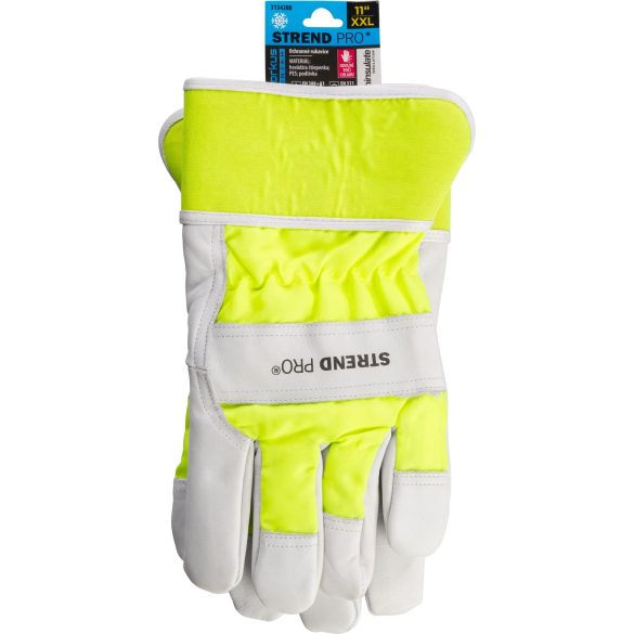 Téli védőkesztyű, Strend Pro Workus Winter, fehér/sárga, méret: 11/XXL, bélelt 3M Thinsulate szigetelés, bőr tenyér, EN 388 és EN 511, 1 pár