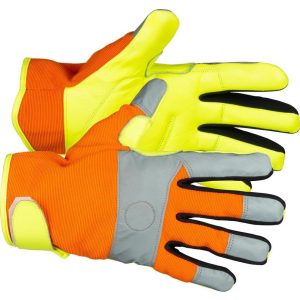 Védőkesztyű, Strend Pro Caveron High Version, narancssárga/sárga, mérete: 09/L, kecskebőr és spandex, fényvisszaverő elemekkel, 1 pár