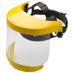 Arcvédő pajzs, Strend Pro Safetyco B940-AF, sárga/átlátszó, plexiüveg, felhajtható, állítható, arc- és szemvédő