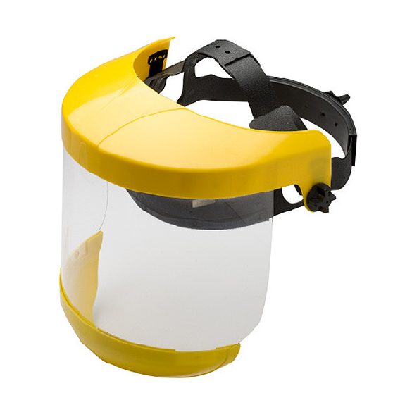 Arcvédő pajzs, Strend Pro Safetyco B940-AF, sárga/átlátszó, plexiüveg, felhajtható, állítható, arc- és szemvédő