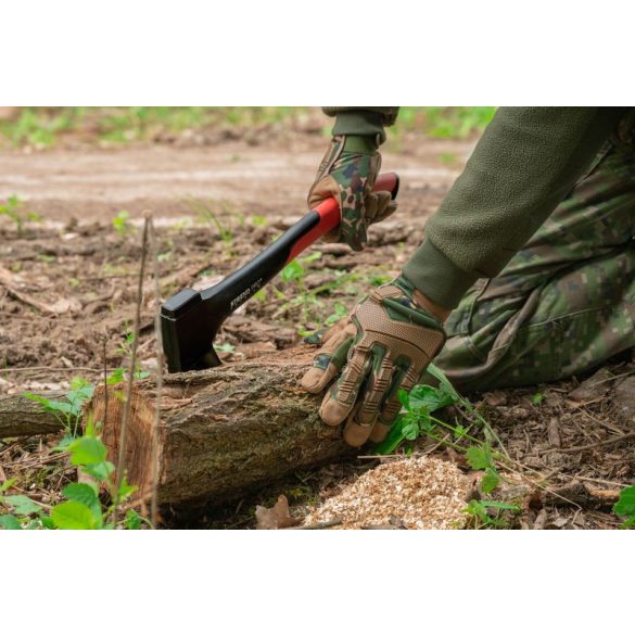 Védőkesztyű, Strend Pro Camo, zöld/barna, méret: 9/L, terepmintás, mikroszálas műbőr, poliészter háló, 1 pár