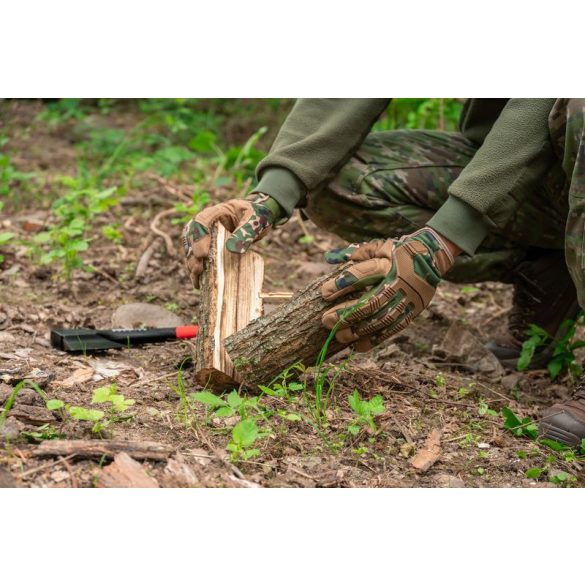Védőkesztyű, Strend Pro Camo, zöld/barna, méret: 9/L, terepmintás, mikroszálas műbőr, poliészter háló, 1 pár