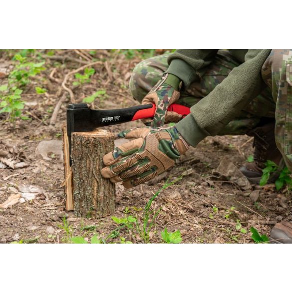 Védőkesztyű, Strend Pro Camo, zöld/barna, méret: 9/L, terepmintás, mikroszálas műbőr, poliészter háló, 1 pár