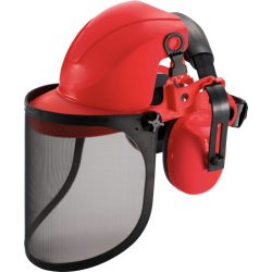   Arcvédő pajzs, Strend Pro Safetyco, piros/fekete, dróthálós, sisakkal és fülvédővel, CE minősítés, hallás-, fej- és arcvédő