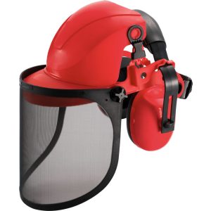 Arcvédő pajzs, Strend Pro Safetyco, piros/fekete, dróthálós, sisakkal és fülvédővel, CE minősítés, hallás-, fej- és arcvédő
