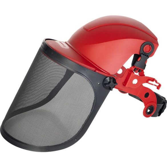 Arcvédő pajzs, Strend Pro Safetyco, piros/fekete, dróthálós, sisakkal és fülvédővel, CE minősítés, hallás-, fej- és arcvédő