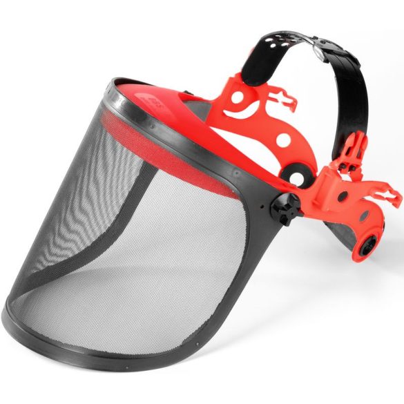 Arcvédő pajzs, Strend Pro Safetyco, piros/fekete, dróthálós, sisakkal és fülvédővel, CE minősítés, hallás-, fej- és arcvédő