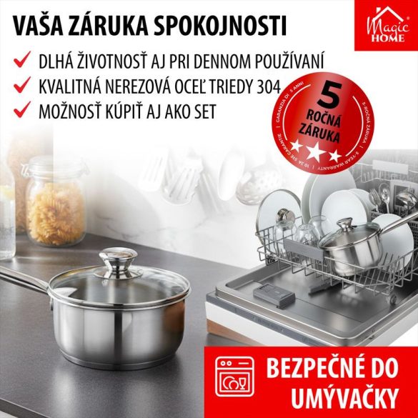 Nyeles lábas, MagicHome Chloe, 14 cm, 1 l, ezüst, üvegfedővel, 304 rozsdamentes acél, háromrétegű alj, indukciós kompatibilis, mosogatógépben mosható