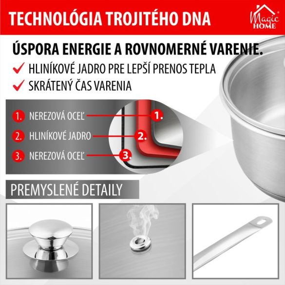 Nyeles lábas, MagicHome Chloe, 18 cm, 2 l, ezüst, üvegfedővel, 304 rozsdamentes acél, háromrétegű alj, indukciós kompatibilis, mosogatógépben mosható