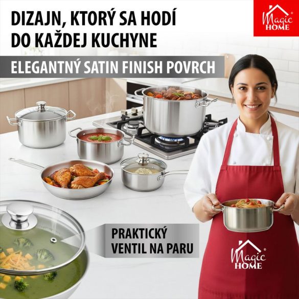 Nyeles lábas, MagicHome Chloe, 24 cm, 2,5 l, ezüst, üvegfedővel, 304 rozsdamentes acél, háromrétegű alj, indukciós kompatibilis, mosogatógépben mosható