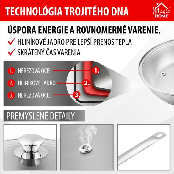 Nyeles lábas, MagicHome Chloe, 24 cm, 2,5 l, ezüst, üvegfedővel, 304 rozsdamentes acél, háromrétegű alj, indukciós kompatibilis, mosogatógépben mosható