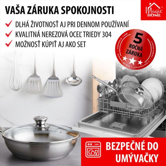 Nyeles lábas, MagicHome Chloe, 28 cm, 4 l, ezüst, üvegfedővel, 304 rozsdamentes acél, háromrétegű alj, indukciós kompatibilis, mosogatógépben mosható