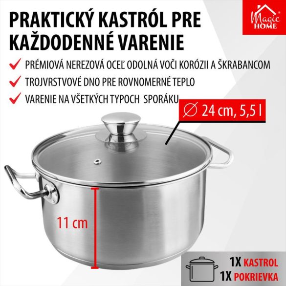 Lábas, MagicHome Chloe, 24 cm, 5,5 l, ezüst, üvegfedővel, 304 rozsdamentes acél, háromrétegű alj, minden főzőlapra, mosogatógépben mosható